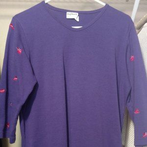 Purple 3/4 Length Sleeved Top w/Red Hats on Sleeve